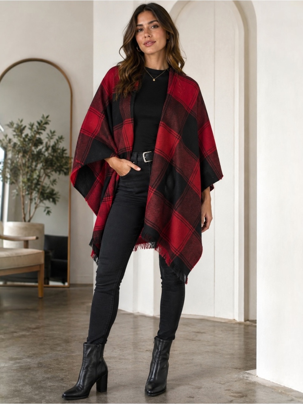 NWT Francesca’s Red Black Buffalo Plaid Ruana Poncho Wrap Fringe One Size